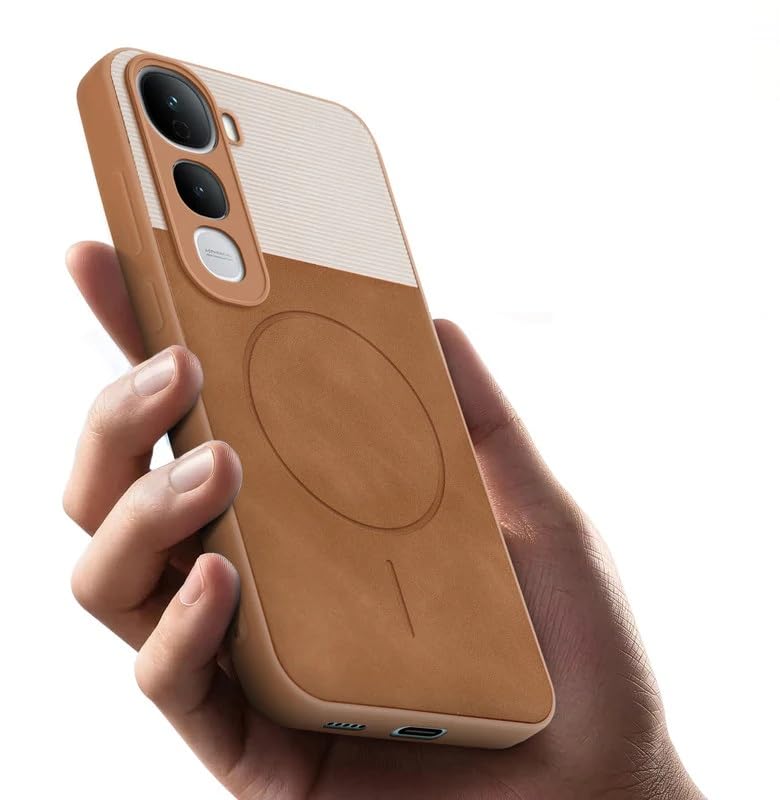 Image of Bintage case Macc-Safe Design Hard Light Weight Back Case | Soft Border Camera Protect | Dual PU Leather Finish Back Cover Compatible for Vivo Y400 Pro 5G - White & Brown