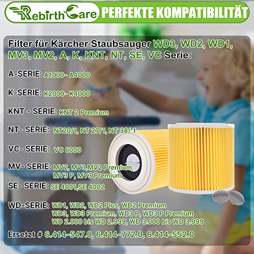 Rebirthcare wd2 wd3 filters for kärcher wd3 premium wd2 wd3 wd3p wd1 mv2 mv3 a2004 a2604 a2204 a2054 se4001 se4002 cartridge filter replacement wet & dry vacuum filter replace# 6.414-552.0/64145520 - Image 3