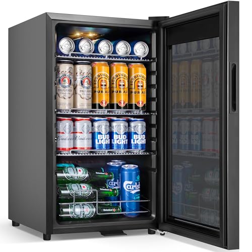 Beverage Refrigerator Cooler, 17 Inch 120 Cans Freestanding Mini Fridge with Glass Door, Adjustable Shelves and LED Light, Small Drink Fridge Counter-top Beer Fridge for Bedroom Office Bar