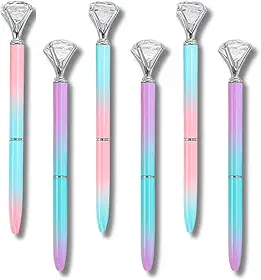 Conjunto com 6 Canetas Esferográficas Luxo | Design com Pedra Decorativa em Formato diamante, cores Pastel Brilhante, Tinta Preta, Ideal para Presentes, Escritório, Escola, Scrapbook e Bullet Journal
