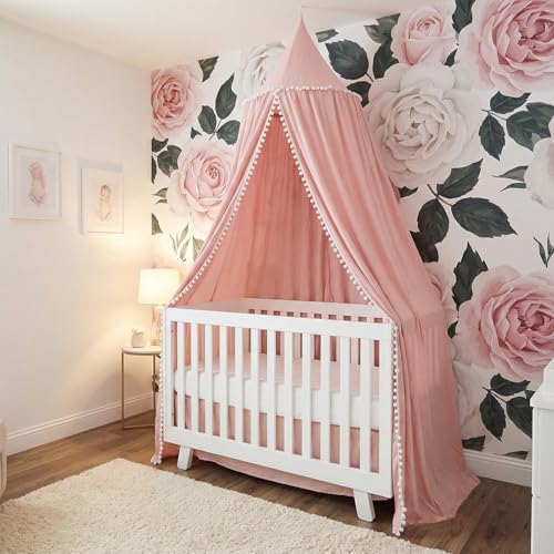 Image of LOAOL Bed Canopy with Pom Pom for Kids Crib Baby Girl Netting Cover Canopy Crib Curtain Reading Nook Hanging Tent Nursery Play Game Castle Room Decoration (Pink)