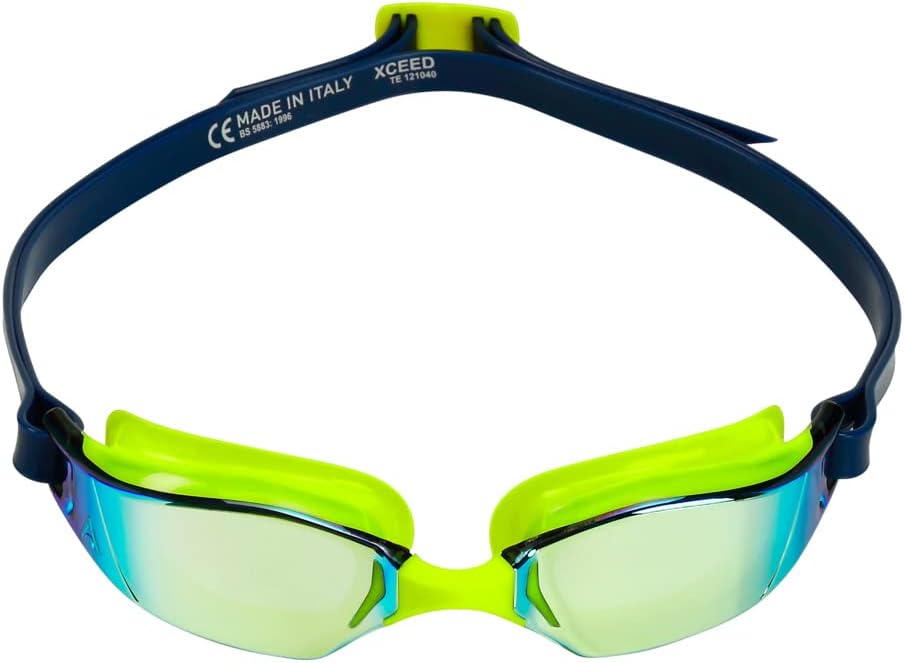 Aqua Sphere XCEED Adult Swim Goggles - Curved Lens Technology, Adjustable Nose Bridge - Ideal Partner for Performance Swimmers - Yellow Titanium Mirror Lens/Yellow + Navy Frame