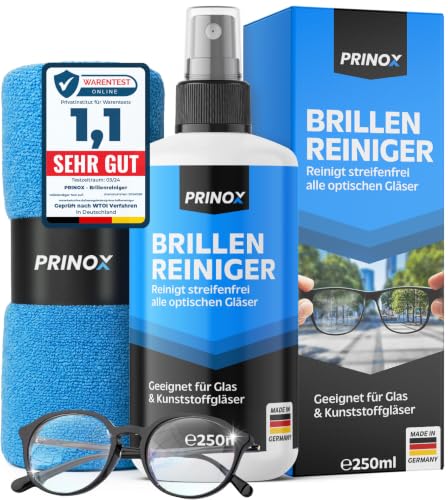PRINOX Brillenreiniger Set 250ml mit Mikrofaser Brillenputztuch - Brillen Reiniger mit Mikrofaser Tuch für alle Brillen gegen Fettflecken und Fingerabdrücke auf der Brille