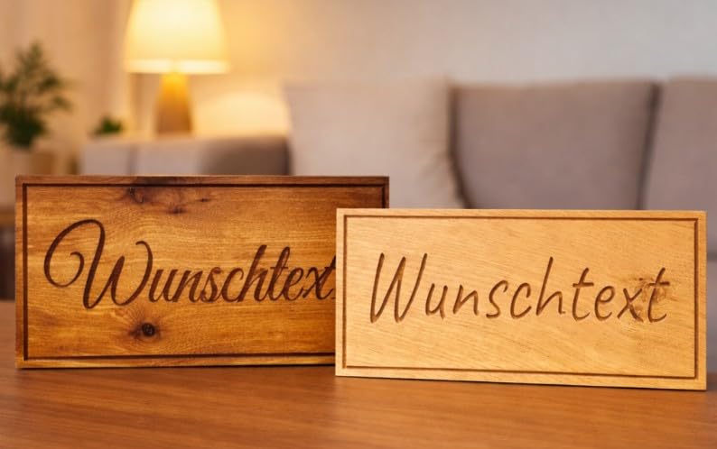 Hochwertiges Holzschild aus Eiche Massivholz. Gefrästes Schild personalisiert mit Gravur selbst gestalten. Größe: 22-40 cm. Individuelle Motive und Sonderwünsche möglich! Über 20 Schriften wählbar.