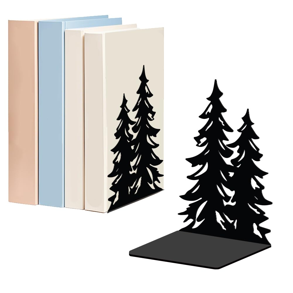 WADORN 1 Pair Pine Tree Metal Decorative Bookend for Shelves, Heavy Duty Book Ends Modern Non-Skid Books Holder Stand Black Book Support Stoppers for Desk Bookshelf Office Home, 5.3x4.3x7.9 Inches — image 1