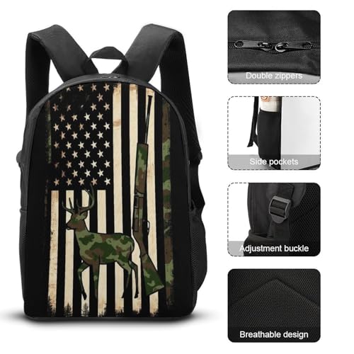 Fashion Collapsible Hunting Deer Camo Camouflage American Flag Black Backpack for Men Women, Lunch Bag Easy to Clean, Pencil Pouch for College3