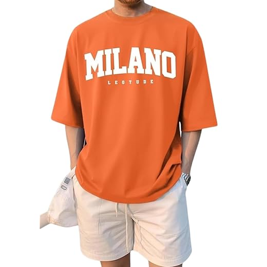 LEOTUDE Men’s Oversized T-Shirt | Cotton Blend | Half Sleeve | Crew Neck | Printed | Orange