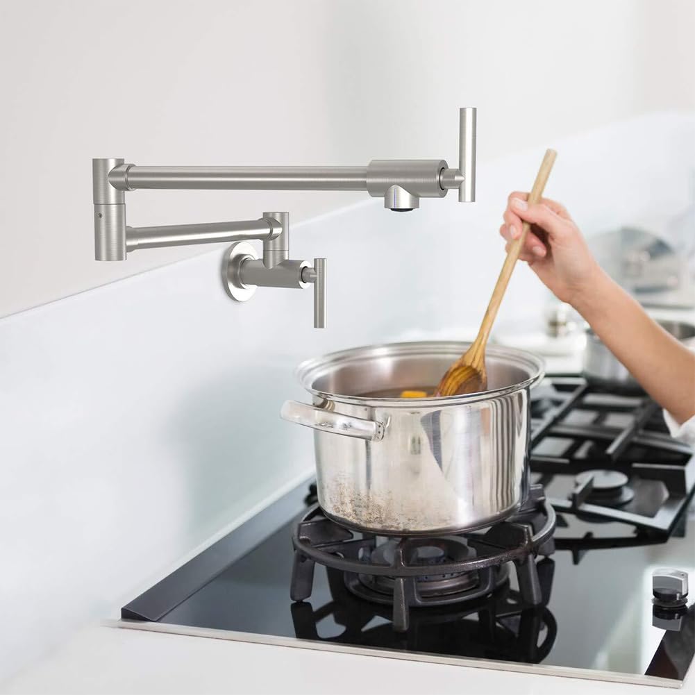 Grifo Cocina De Pared Grifo Cocina Fregadero, Solo Agua Fría, Llenado De Ollas, Latón Doble Mango Giratorio A 360° Plegable Griferia De Cocina, Cepillado