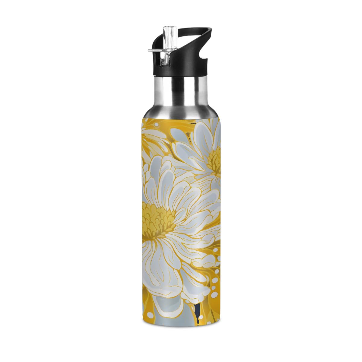 Gourde isotherme 600ml en acier inoxydable jaune chrysanthème avec paille