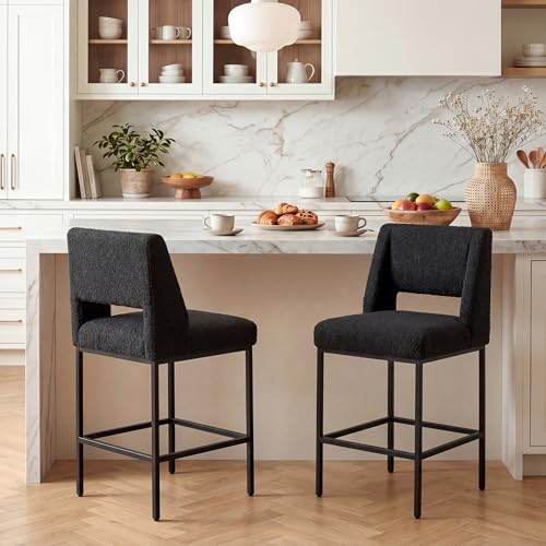 Image of Zesthouse Upholstered Counter Height Stools Set of 4, 26 inch Boucle Fabric Bar Stools with Back, Metal Barstools Heavy Duty 300 Lbs, Modern Counter Height Chairs for Kitchen Island, Black(Dark Grayish)