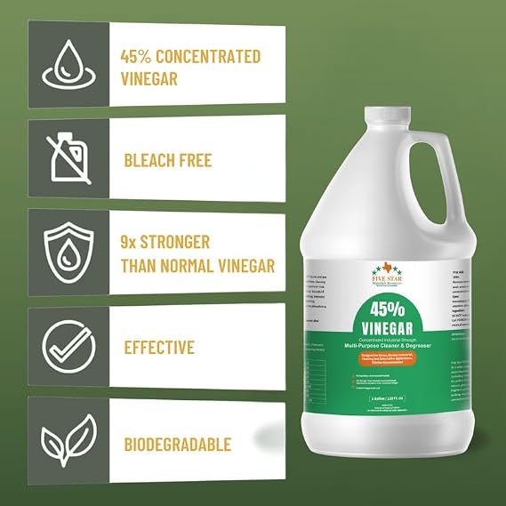 FIVE STAR MATERIALS RESOURCES 45% Vinegar Concentrated | White Vinegar for Cleaning and Garden | Home, and Outdoor Pure | Max Performance 9X Power | with Instructions (4 Gallon (512 fl oz))