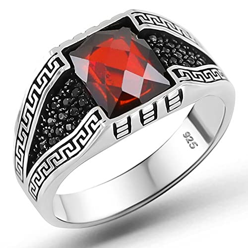 Anillo de lujo de plata de ley 925 maciza con circonita cúbica negra y piedra de rubí de imitación roja cuadrada para hombre, Metal Piedra, Circonita cúbica, rubí simulado