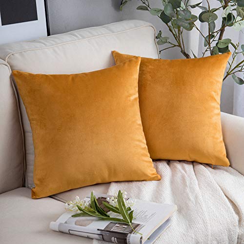Phantoscope Pack of 2 Velvet Decorative Throw Decorative Pillow Cover Soft Solid Square Cushion Case for Couch Orange 18 x 18 inches 45 x 45 cm