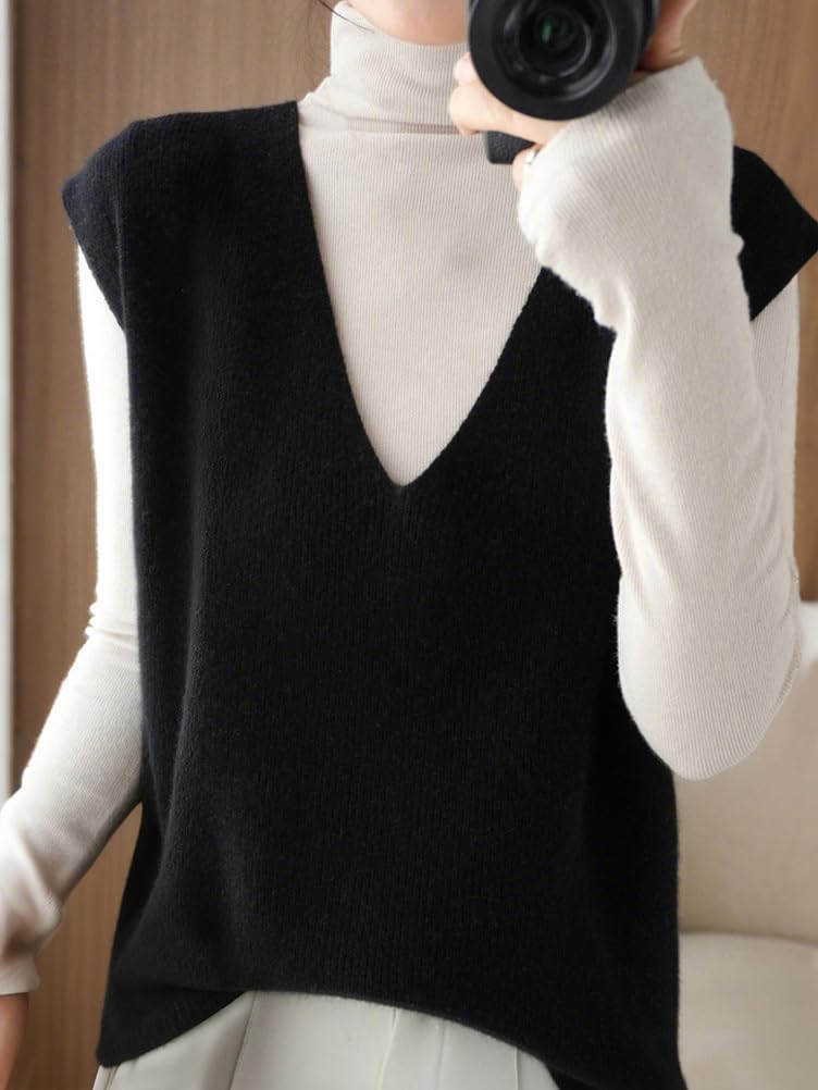 shownicer Pull sans Manches Femme Chic Et Elegant Col en V Gilet en Tricot Décontracté Couleur Unie Débardeur