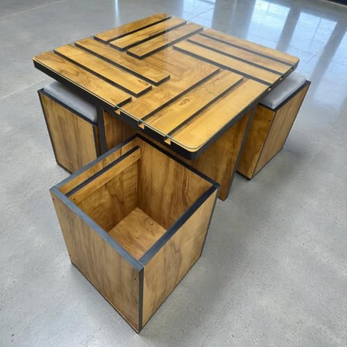 Image of 4 Puffy Center Table Cum Dining Table | Engineered Wood Coffee Table with Cushioned Stools | Space Saving Furniture for Living Room
