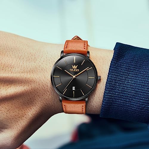 Image of OLEVS Mens Watches Minimalist Ultra Thin Fashion Casual Analog Quartz Date Watch Waterproof Slim Simple Big Face Dress Wrist Watch with Retro Leather Band for Men