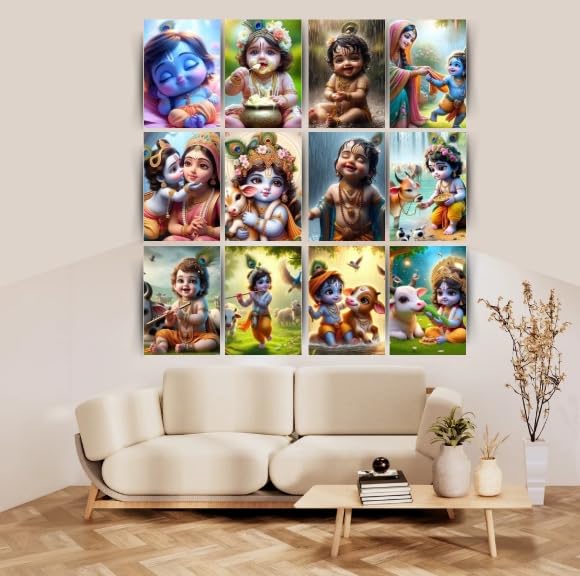 Image of Posters Inc Set of 12 Positive Vibes Bal Krishna Wall Stickers | Cute Baby Krishna Posters for Pregnant Women & Kids Room | HD Print on 300 GSM A4 (8x12 Inch) with Glue Dots | Aesthetic Baby God Wall Art, Nursery & Home Decor