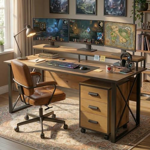 Image of FFO Wooden Gaming Desk with 3-Drawer Mobile Cabinet | Large Computer Table for Gaming & Home | Study & Workstation Desk with Sturdy Metal Frame | DIY Assembly | Oak Finish (150x60x75 cm, Brown)
