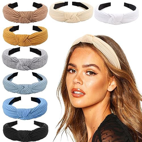 Image of DRESHOW 8 Pack Knotted Headbands for Women Wide Turban Headband Yoga Exercise Ribbing Hair Hoop Hair Bands Accessories