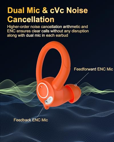 Image of Wireless Earbuds, Bluetooth 5.4 Headphones Sport, Over Ear Buds With ENC Noise Cancelling Mic, 48H, Wireless Earphone With Earhooks, Stereo Deep Bass, IP7 Waterproof ear bud for Workout Running,Orange
