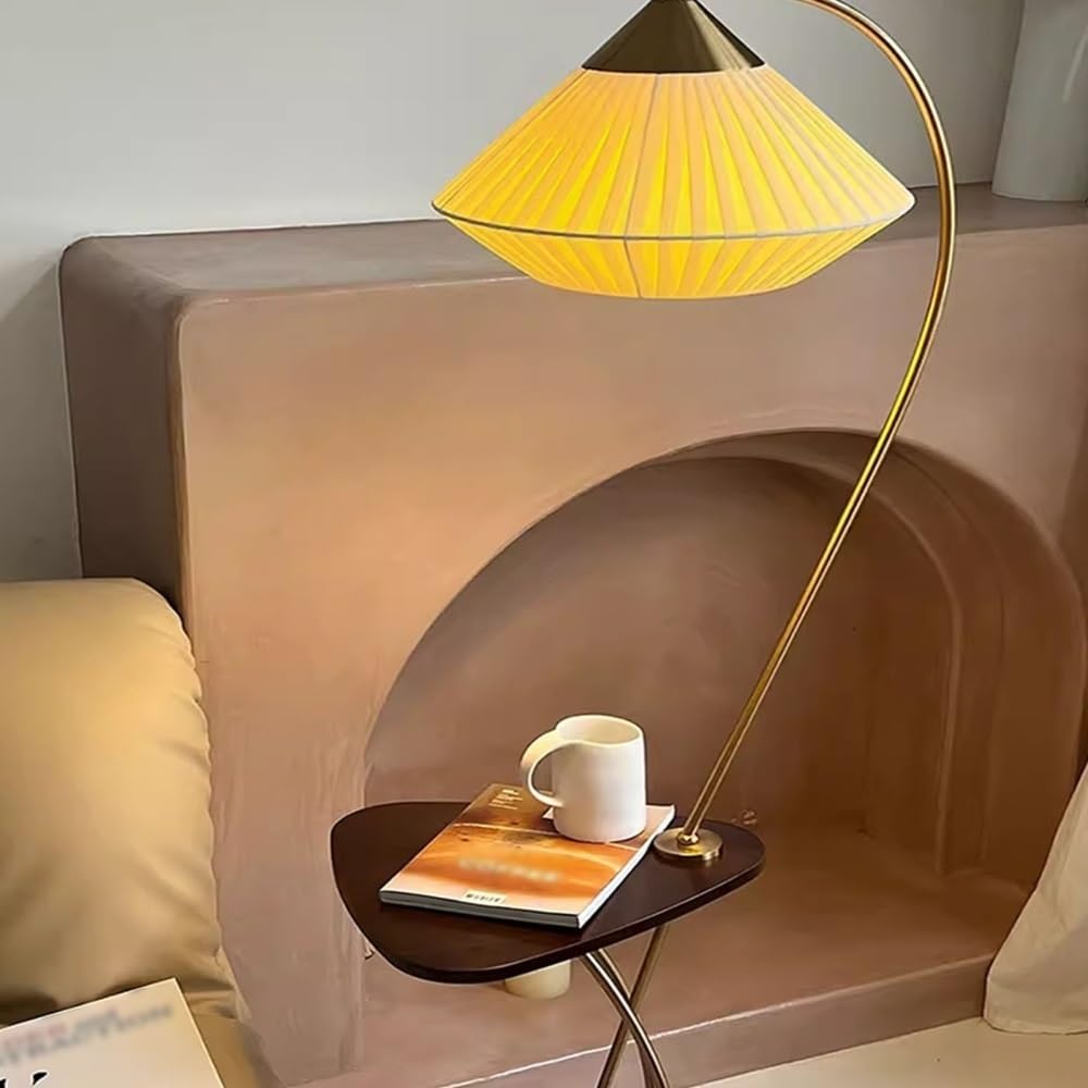 Lampa podłogowa, Lampa podłogowa Mid Century Arc z półkami i drewnianą podstawą, oświetlenie w stylu rustykalnym do salonu