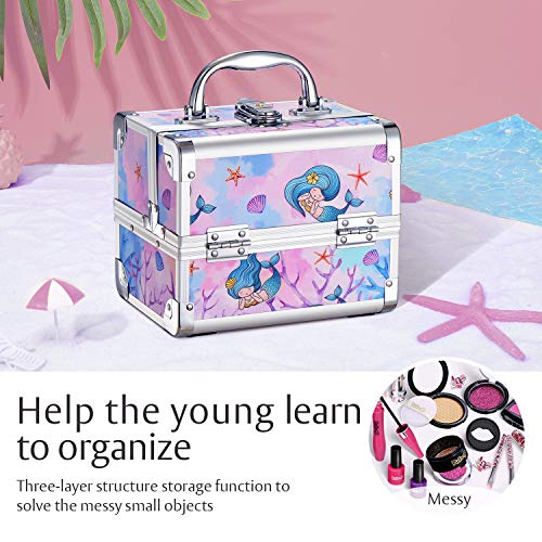 Joligrace Makeup Train Case For Girls Cosmetic Box Kids Jewelry Organizer Hair Accessories Storage Lockable With 2-Tier Trays & Mirror Mermaid Princess #TOP1