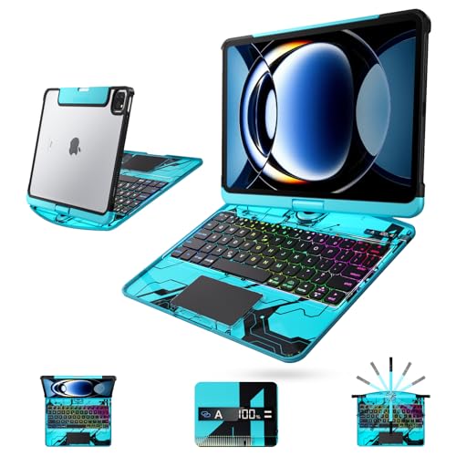 Image of Clear Keyboard Case for iPad Air 11 Inch (M4 /M3 /M2, 2026 /2025 /2024) / iPad Air 5th /4th Generation 10.9 inch / iPad Pro 11 inch 1st /2nd /3rd /4th, Trackpad, Pencil Holder, 7-Color Backlit, Rotatable,Blue