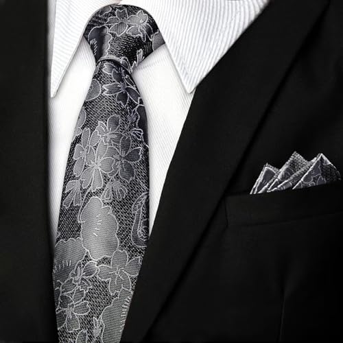 Image of DiBanGu Silk Floral Ties for Men Woven Paisley Necktie and Tie Clip Handkerchief Cufflinks Set for Party Wedding