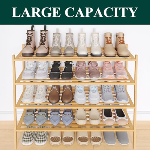Image of Smiry Bamboo Shoe Rack, 5 Horizontal Slats, 4 Tier - 33.9 inch Wide, Natural