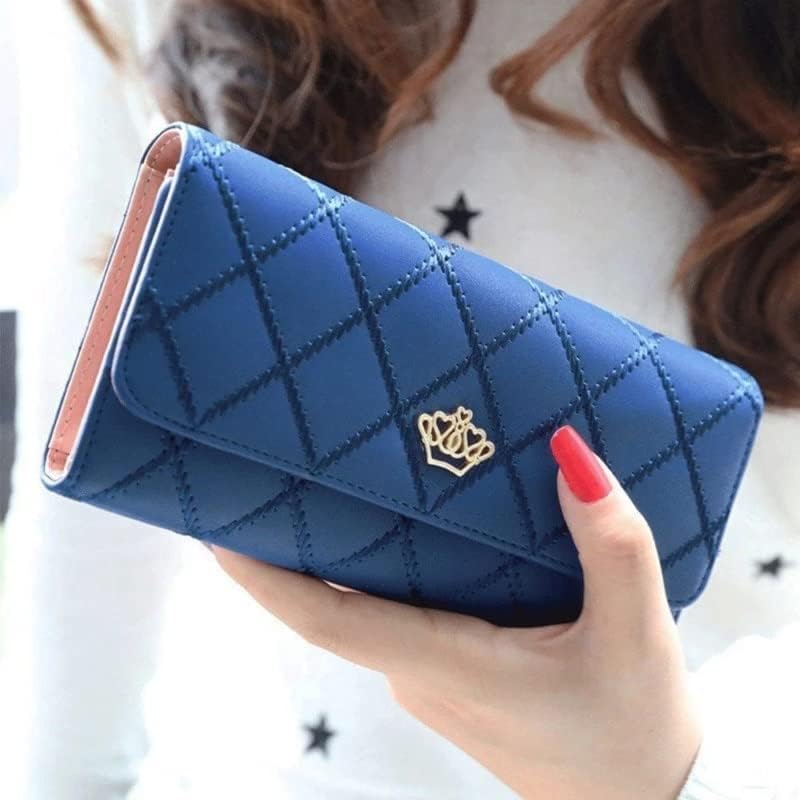 Women Lady Clutch Leather Plaid Hasp Wallet Long Length Card Holder Phone Bag Case Purse (Blue,19.3cm*9.5cm*2.5cm)3