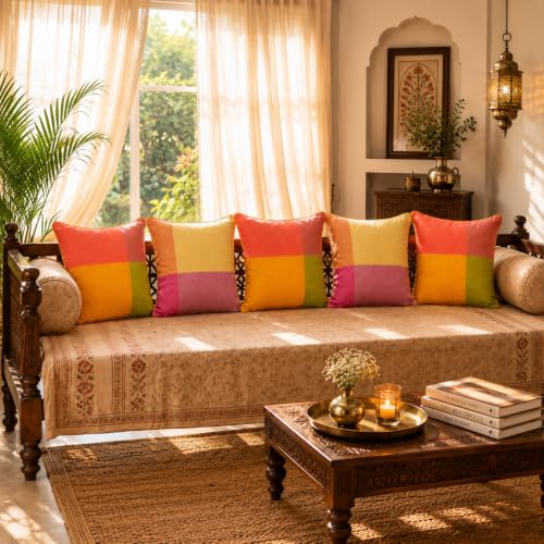 Image of RANGBHAR Handloom 100% Cotton Cushion Cover Set of 5 | Cushion with All Around Piping for Premium Finish | 16x16 Inches Hand Woven Striped Cushion Covers | Yellow Mustard