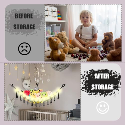 Image of CERETIA Stuffed Animal Hammock with LED Light, Large Stuffed Animals Storage Corner Plushie Net for Kids Room Decor, 2 Packs Black