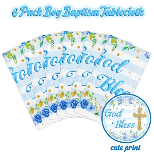 Image of 6 Packs Blue Baby Boy Baptism Party Tablecloths Decorations Flower Theme Disposable Plastic Waterproof Rectangle God Bless Table Cover for boy Baby First Communion Party Favor Supplies