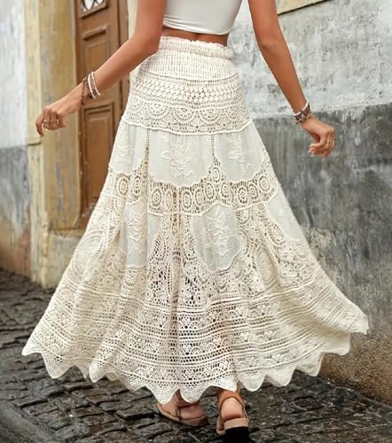 Women Bohemia Long Skirts Beach Vintage Crochet Hollow Out High Waist Skirt A-Line Ruffled Elastic Knit Skirts2