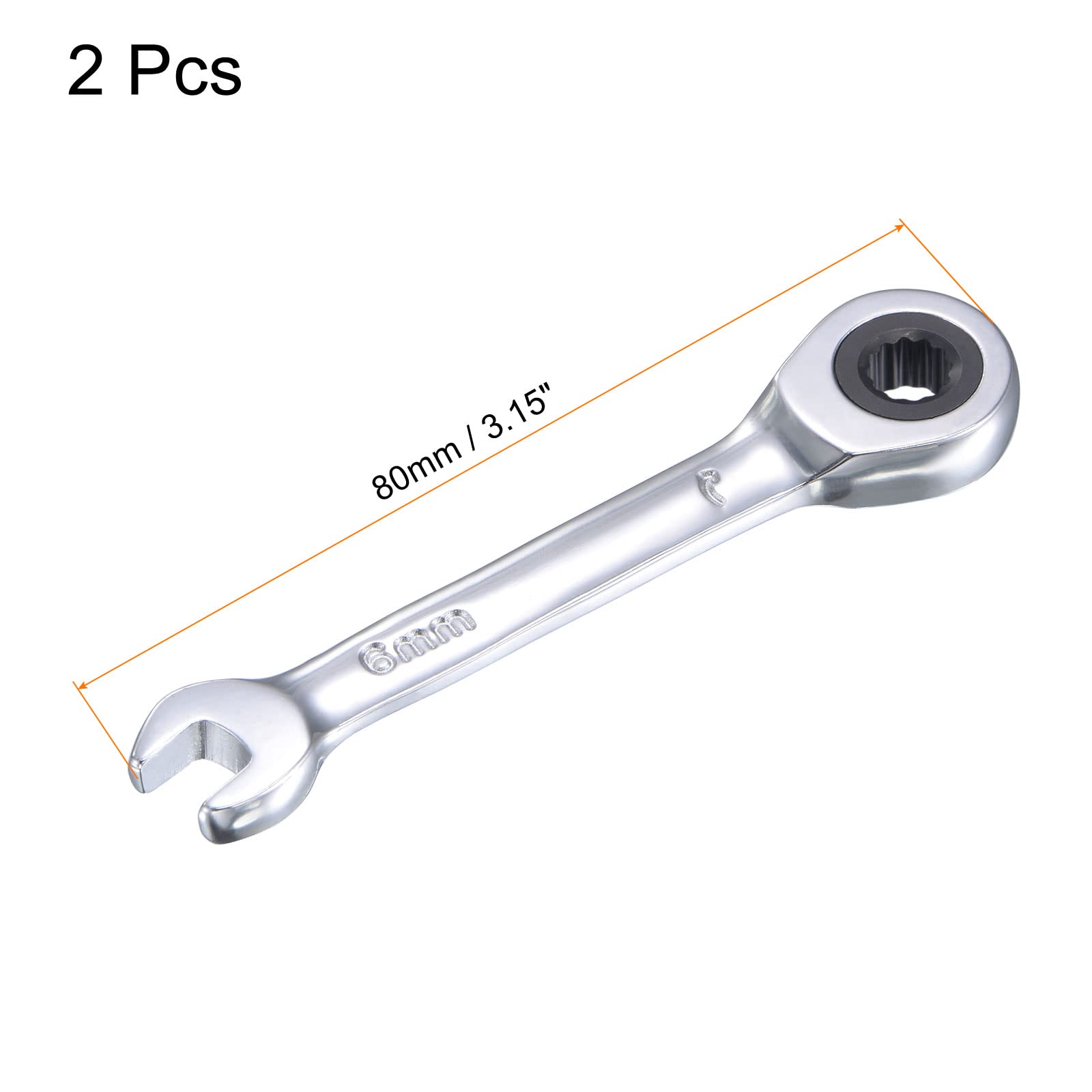 sourcing map 6mm Stubby Ratcheting Combination Wrench Metric 72 Teeth 12 Point Box Ended Tools, CR-V 2 Pcs - Image 2