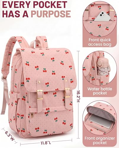 Image of Corduroy Laptop Backpack for Women, Fits 15.6 Inch Computer Bag, College Bookbag Travel Daypack Purse, Work Business Bags - Corduroy Cherry Pink