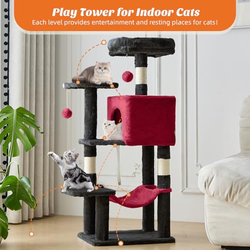 Image of Sweetcrispy 44 Inch Cat Tree Tower, Cat Climbing Tower with Natural Sisal Scratching Posts, Hammock, Pet Condo for Indoor Cats and Kittens Play, Black and Red