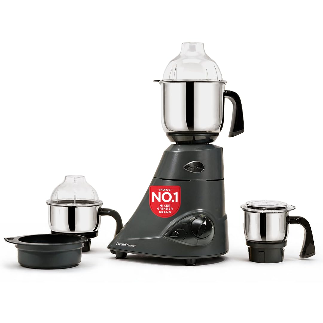 Preethi Diamond 750 Watts Mixer Grinder, 3 SS 304 Jars + Flexi Lid, Black