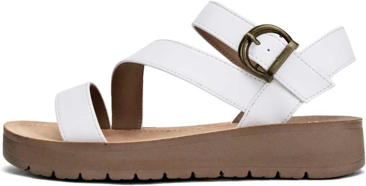 Soda Cute and trendy fashionable flat strap sandals with side buckle Summer Spring Beach Shoes for Women Hammer-S White Pu 8