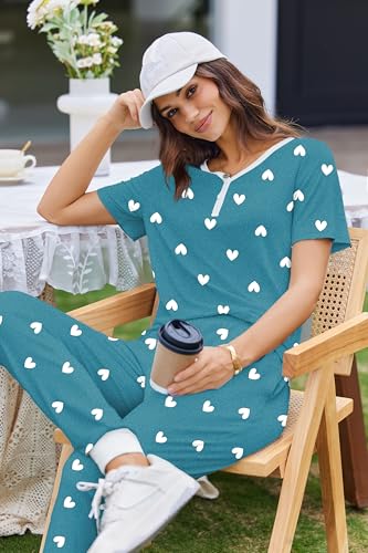 Image of Ekouaer Pajamas for Women Set 2 Piece Fall Lounge Sets Short Sleeve Pjs Joggers Long Pants Sleepwear with Pockets