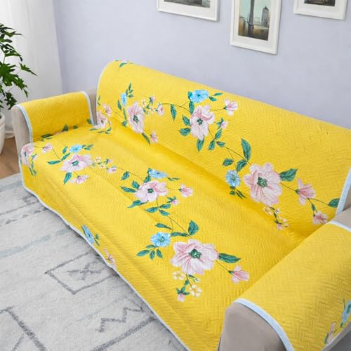 Image of Homerz Premium 2 Seater Quilted Reversible Sofa Cover Mat with Pocket Arms | Polyester Blend 350 GSM Full Coverage & Back Belt for Stability | Washable Furniture Protector (Solara, 2 Seater)