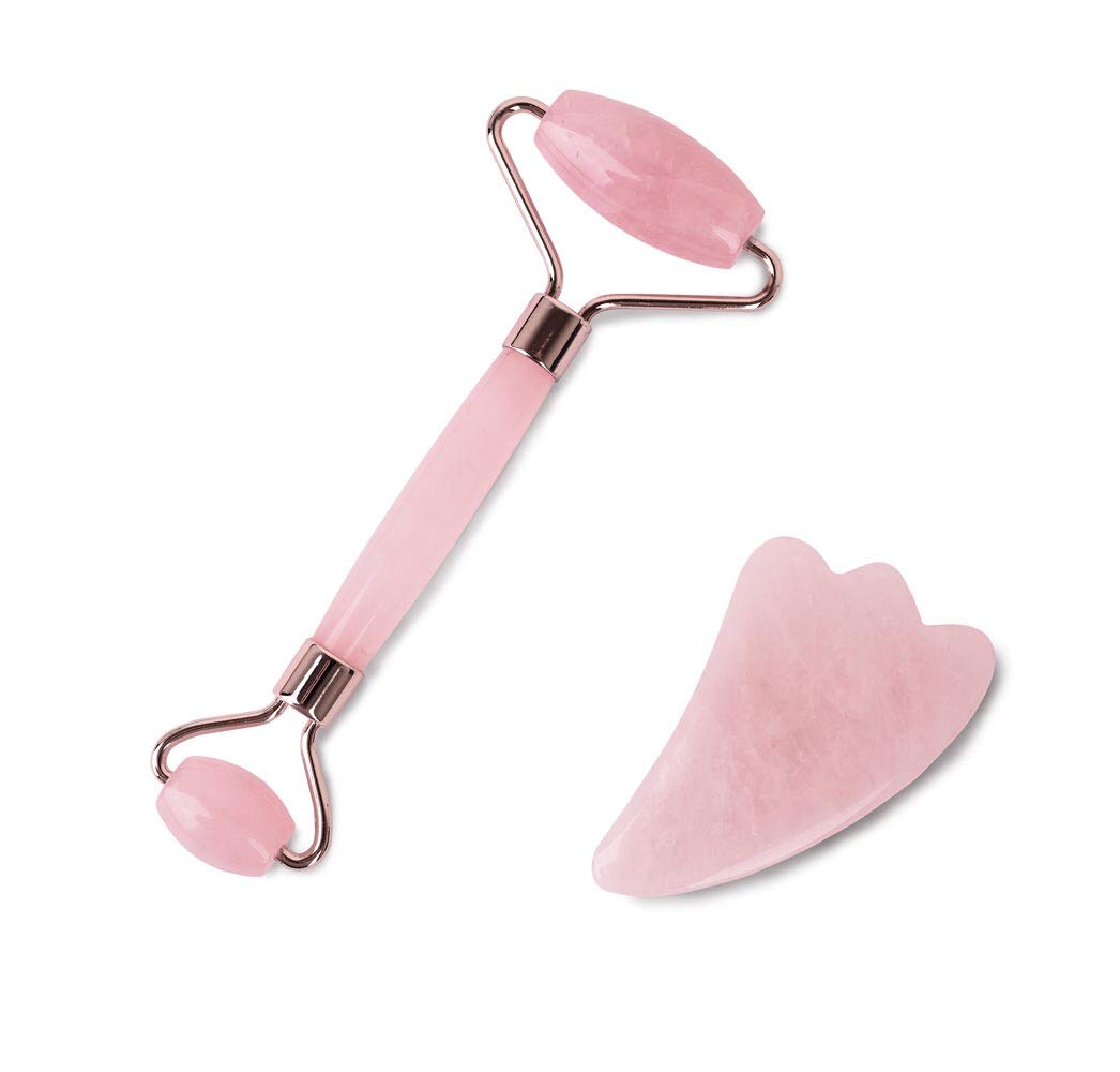 Jade Roller for Face 2 in 1 Gua Sha Tools Including Rose Quartz Roller and Jade Face