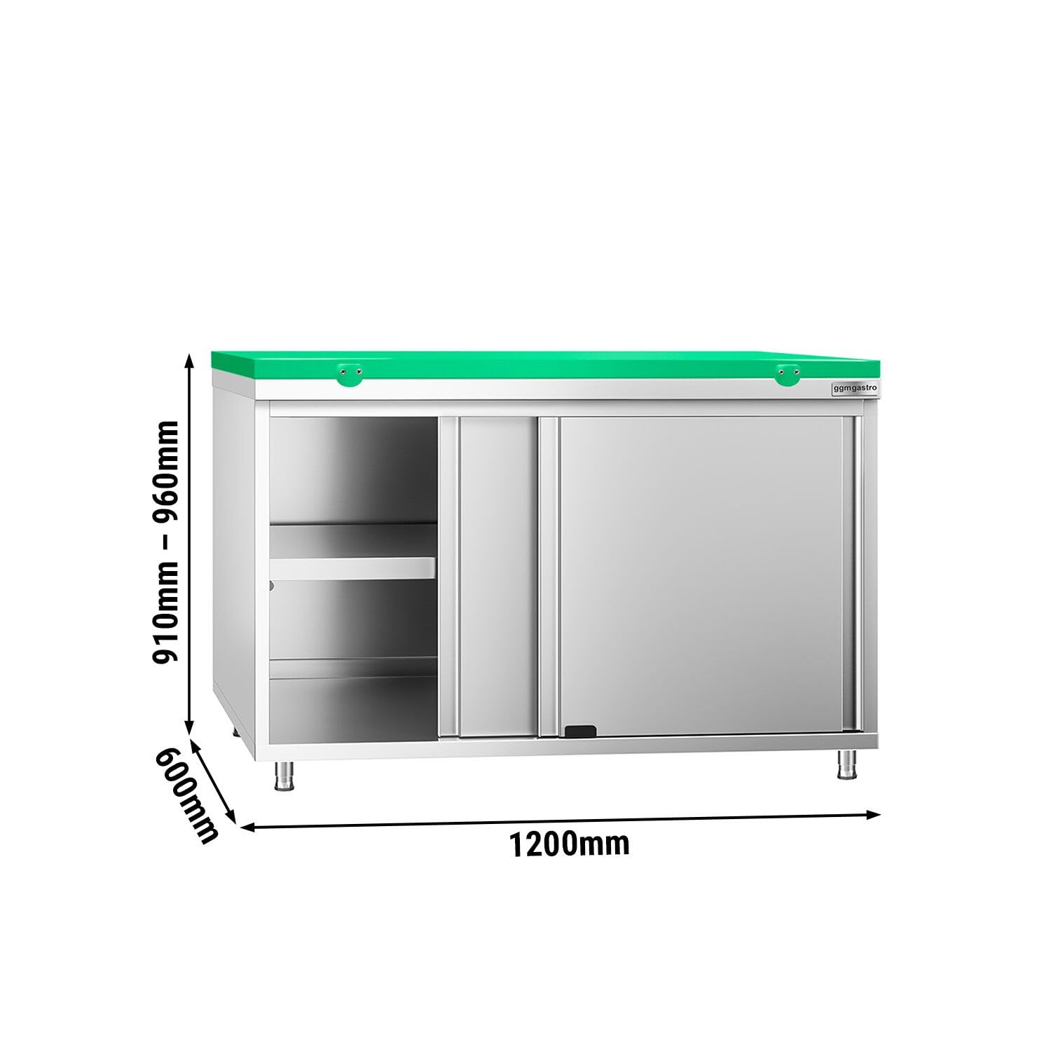 GGM Gastro | ASK126#FKPWT126 | Edelstahl Arbeitsschrank PREMIUM - 1200x600mm - mit Schiebetür - inkl. Schneideplatte Grün