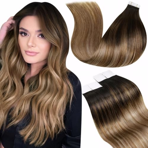 LaaVoo Extensiones Adhesivas Pelo Natural Castaño Oscuro Balayage Castaño Medio Extensiones Adhesivas Ombre Castaño Dorado Claro Extensiones De Cabello Humano Remy Adhesivas 60cm 50g/20piezas #2/6/12