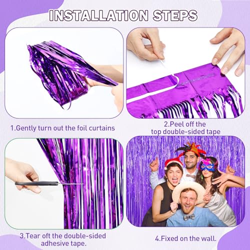 Image of Purple Foil Curtain Backdrop, 2Pack Metallic Tinsel Foil Fringe Curtains Photo Booth Props for Birthday Wedding Engagement Bachelorette Baby Shower Christmas Holiday Celebration Party Decorations
