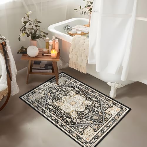 Tapete pequeño MUJOO negro beige lavable 2'x3' miniatura 4