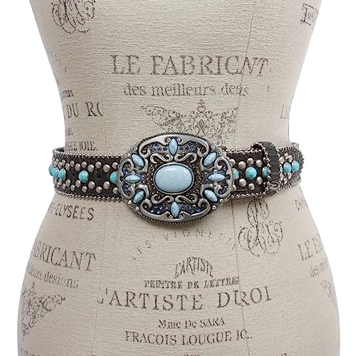 Western Turquoise Rhinestone Studded Faux Crocodile Print Genuine Leather Belt4