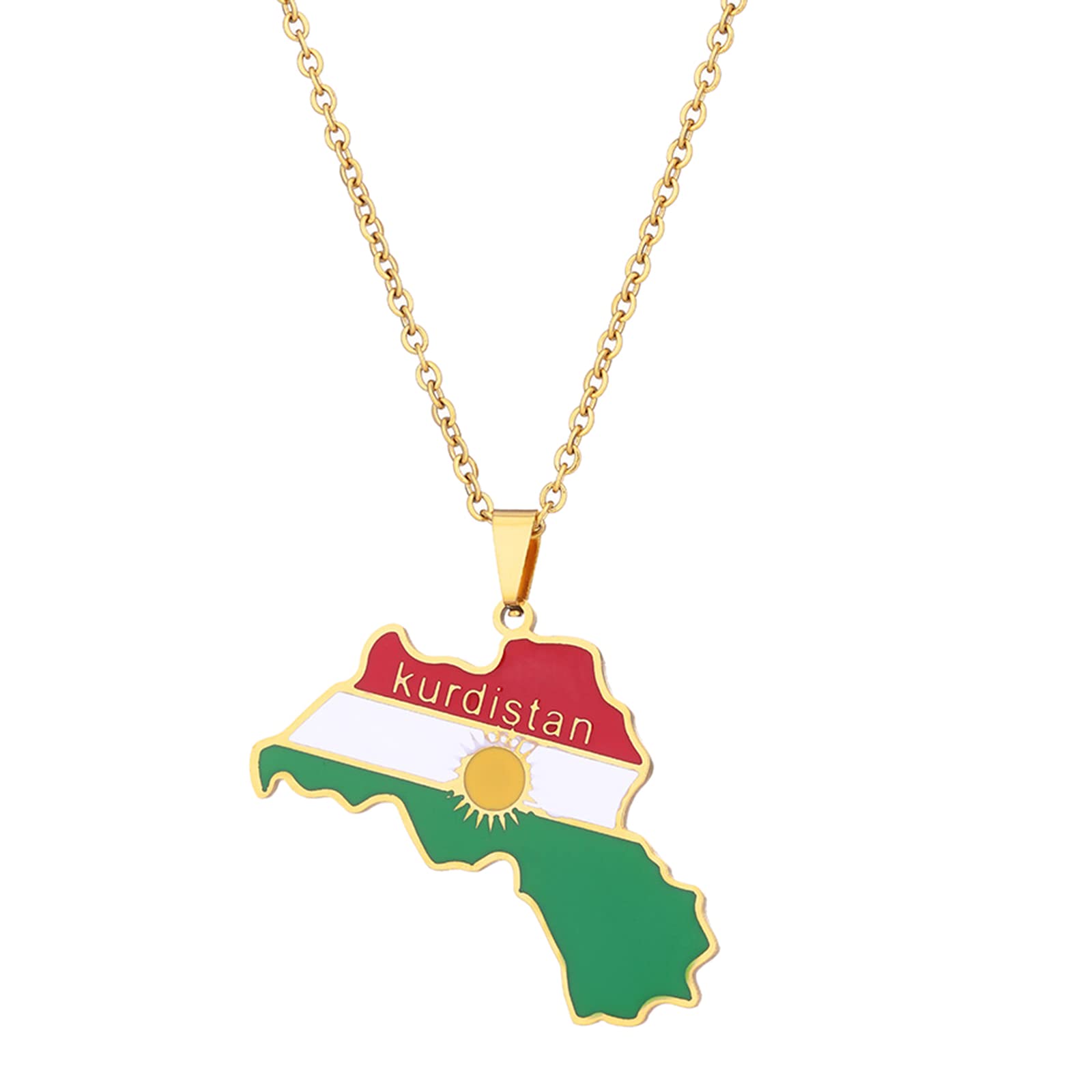 Zkydhbd Women's Gold Kurdistan Map Necklace For Men Chains Silver Kurdistan Flag Map Pendants Necklace Stainless Steel Jewelry Kurdish Ethnic Clavicle Chain