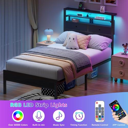 Image of Furnulem Twin Bed Frames with Charging Station and LED Lights, Wood Headboard with 2 Fabric Drawers and Storage Shelves, Twin Size Platform Bed with Metal Slats, No Box Spring Needed, Black Oak