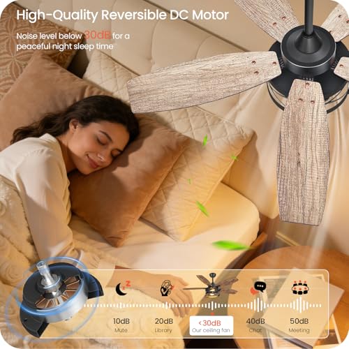 Image of 42 Inch Farmhouse Ceiling Fan with Lights and Remote, Timer, Dual Finish 5 Blades (Rustic Brown and Oak), 6 Speeds, Reversible DC Motor, Rustic Brown Caged Ceiling Fan for Bedroom FB04CF4205